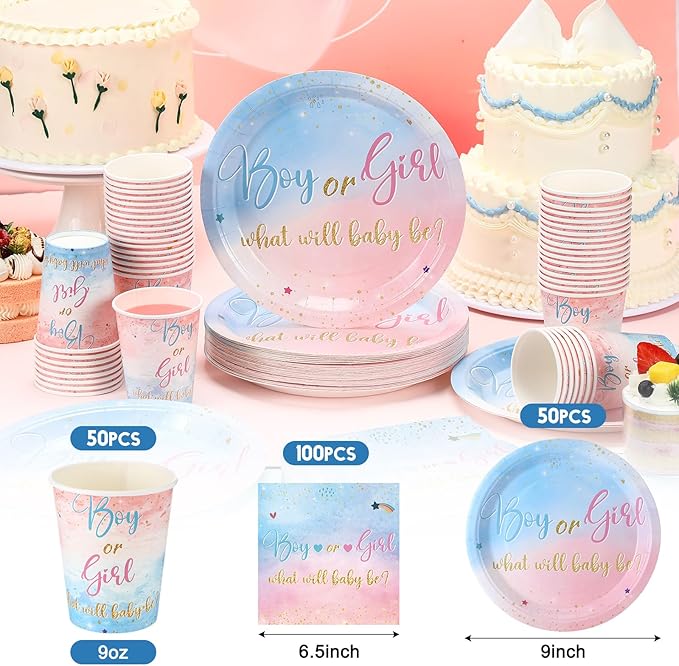 Hushee 200 Pcs Gender Reveal Baby Shower Paper Plates Napkins Cups Baby Shower Party Supplies Tableware Set Disposable Cup Napkin for 50 Guest Party Decoration