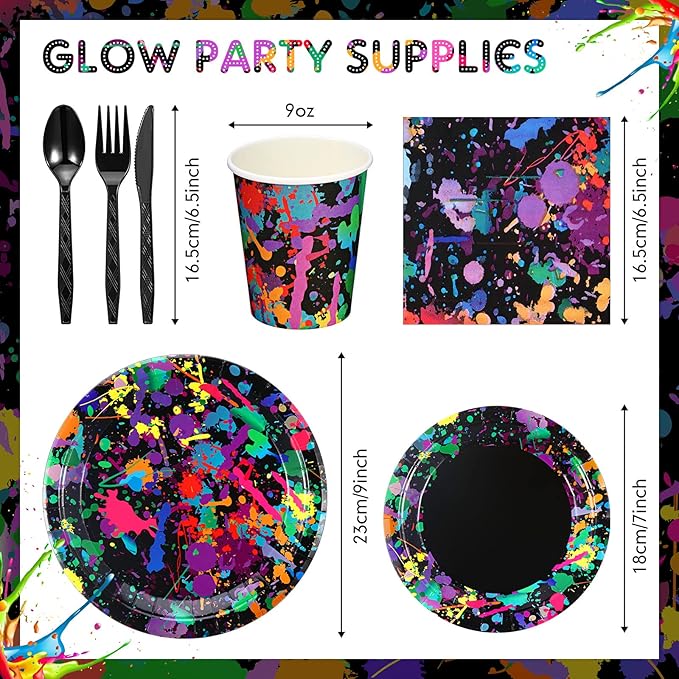 Baderke 252 Pcs Neon Party Supplies for 36 Guests Glow Party Plates Napkins Tableware Cups Knives Forks Spoons Neon Glow Birthday Colorful Graffiti Parties Decoration Favor