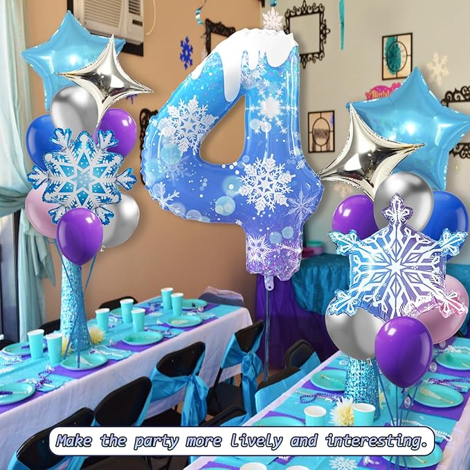 40 Inch Frozen Balloons number 4 Birthday Balloon,2 Giant snowflake foil balloons, 2 blue and silver star foil balloons Frozen Theme Party Supplies Winter Party Decoration For Girl's Birthday