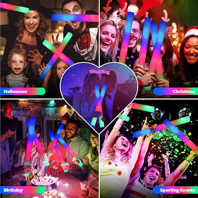 107 PCS LED Foam Glow Sticks Bulk, Glow in the Dark Party Supplies with 3 Modes Colorful Flashing, Neon Party Favors for Birthday, Wedding, Carnival, Concert, New Year