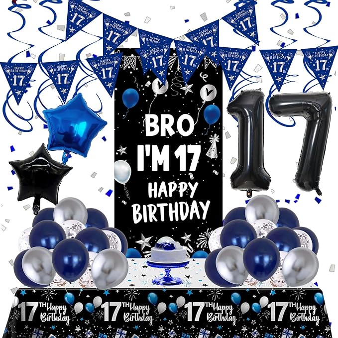 17th Birthday Decorations for Boys Girls, Dark Blue 17 Year Old Bday Decorations with Happy 17th Birthday Banner Backdrop Tablecloth, Party Supplies with 17 Balloon Numbers, Triangle Flag, Foil Stars