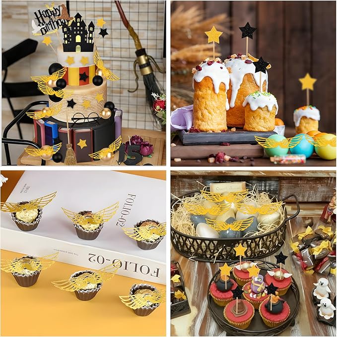 Wizard Cake Topper 26PCS Magical Wizard Themed Cake Decoration Black and Gold Ball Cupcake Cake Picks with Glasses Tie Wings Stars for Halloween Birthday Magical School Party Supplies
