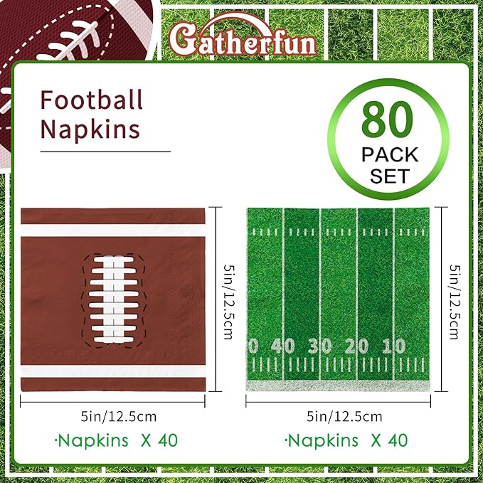 80 Pcs Football Birthday Party Supplies Disposable Paper Cocktail Napkins for Tailgate Party Decorations, Assorted 40 Pack Football Field Design and 40 Pack of football Pattern, Total 80 Pack