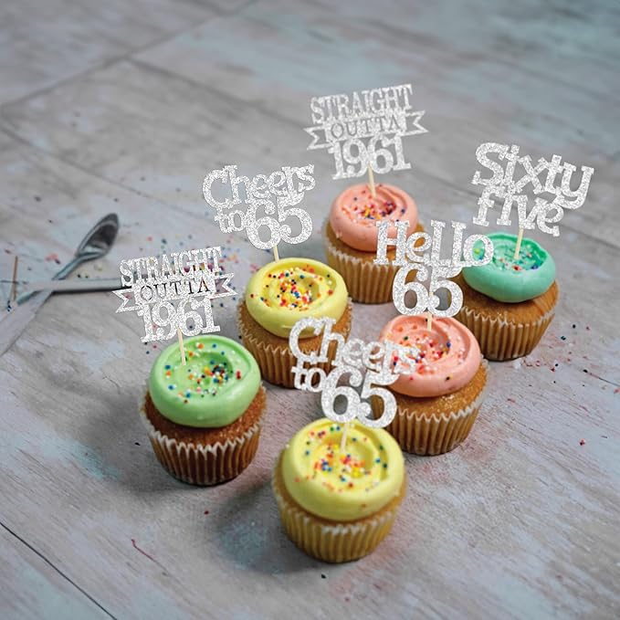Ephlyn 24Pcs 65th Birthday Cupcake Toppers Glitter Straight Outta 1961 Cupcake Picks Hello 65 Cheers to 65 Years Cake Decorations for 65th Birthday Anniversary Party Decorations Supplies Silver