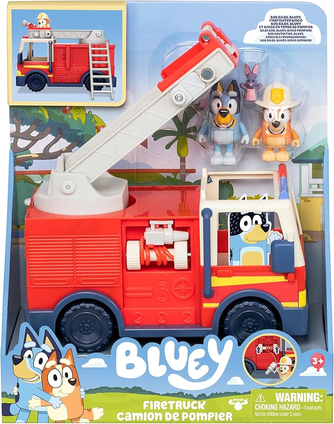 Bluey Firetruck Toy Playset with Firefighter Bingo, Bluey & Bob Bilby, Toddler Fire Truck w/ Spinning Ladder, Water Hoses for Kids Ages 3+