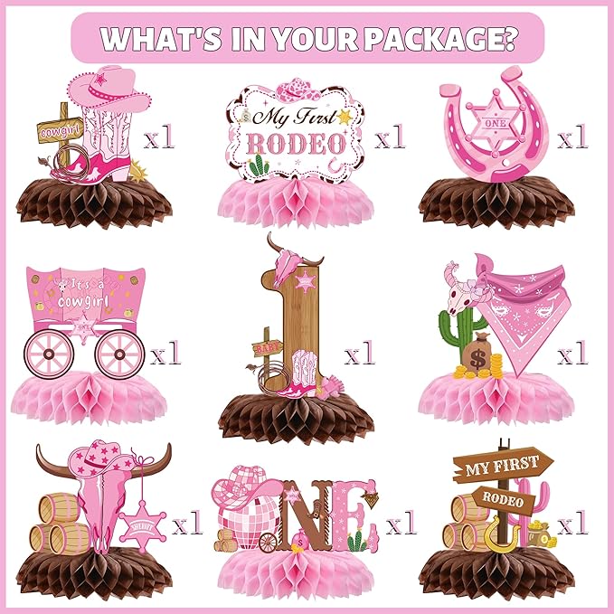 My First Rodeo Decorations Girl - 9 Pcs Pink Cowgirl Honeycomb Centerpieces Table Decor for Western Cowgirl 1st Birthday Party Supplies