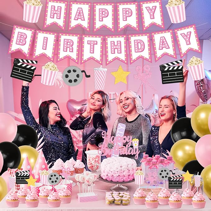 K KUMEED Happy Birthday Decorations,Movie Theme Party Decorations Pink Popcorn Camera Movie Theater Decorations Cute Cake Topper Latex Balloons for Birthday Party Movie Night Party Supplies Girls