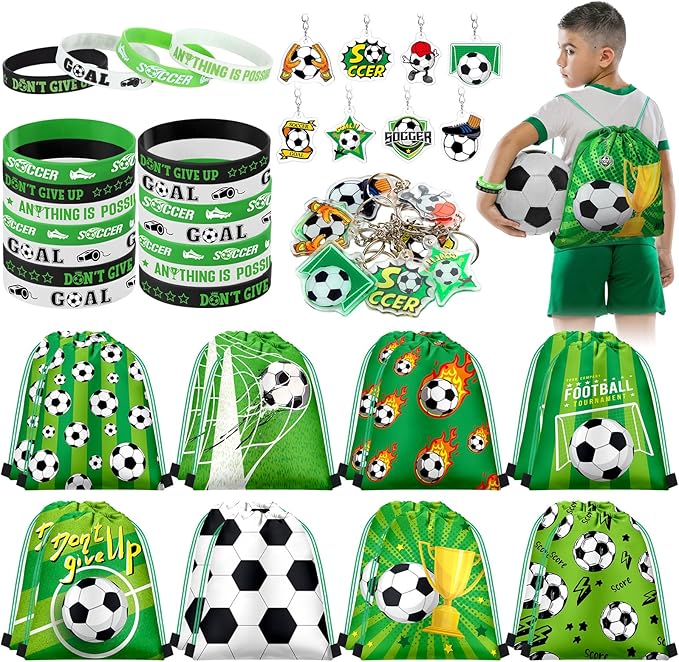 Talltalk 48 Pcs Soccer Party Favors Gifts Sets Kids Soccer Team Gifts 16 Sets Green Drawstring Backpack Goodie Bags Stuffers Candy Snack Bag Wristband Keychains for Sport Birthday Party Supplies Decor