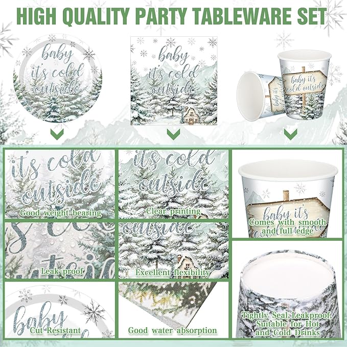 Hushee 200 Pcs Cold Outside Baby Shower Paper Plates Cups Napkins Party Supplies Tableware Set Disposable Cup Napkin for 50 Guest Party Decoration