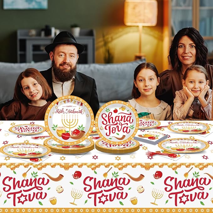 98 Pcs Rosh Hashanah Party Supplies Jewish New Year Plates Shana Tova Party Tablecloth Rosh Hashanah Party Decorations for Kitchen High Holy Day Tableware Paper Forks Napkins Plates for 24 Guests