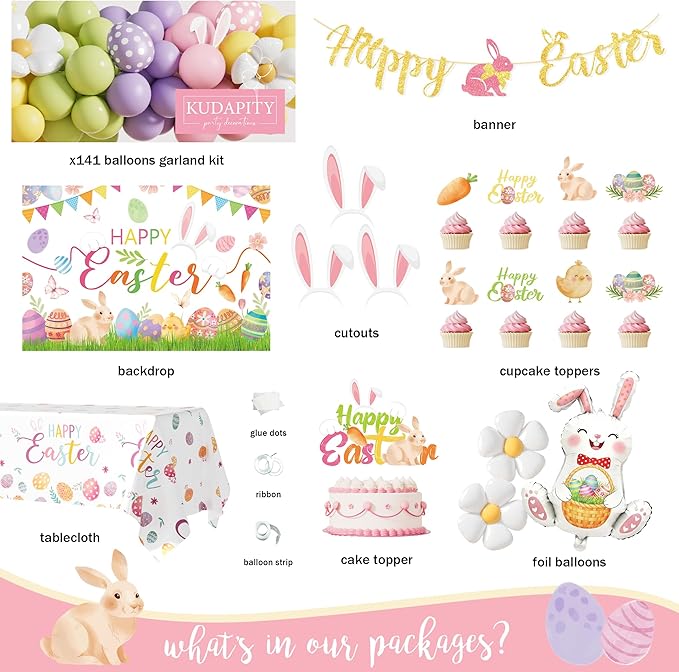 Easter Party Decorations Kit, Happy Easter Bunny Party Supplies for Home Indoor Decor, Spring Balloon Garland Banner, Cake Cupcake Toppers, Backdrop Tablecloth for Easter Garden Party Decorations Set