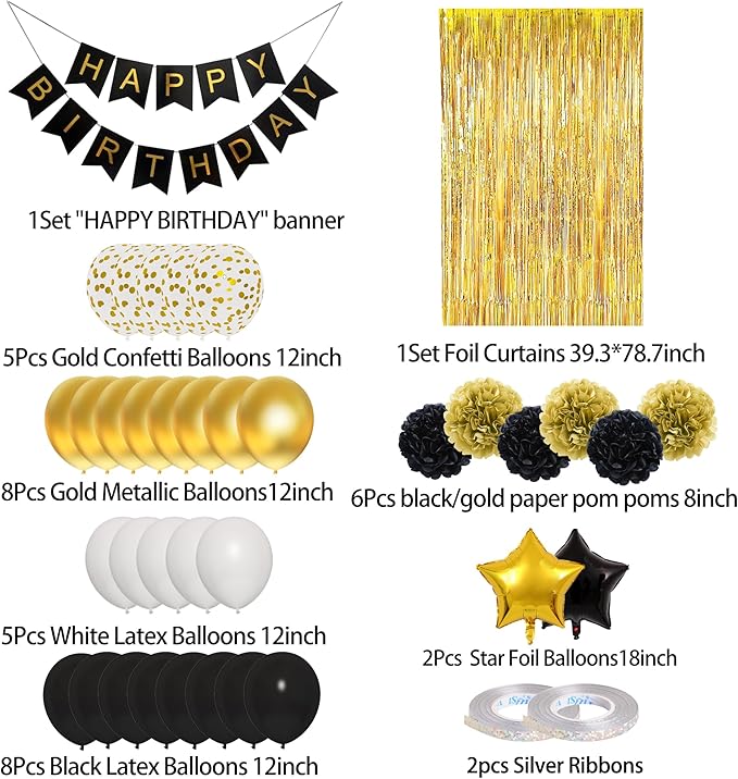 Amandir Black Gold Birthday Decorations for Men Women Black Gold White Confetti New Year Balloons Happy Birthday Banner Pom Poms Metallic Fringe Curtains 18th 30th 40th 50th 60th Party Supplies