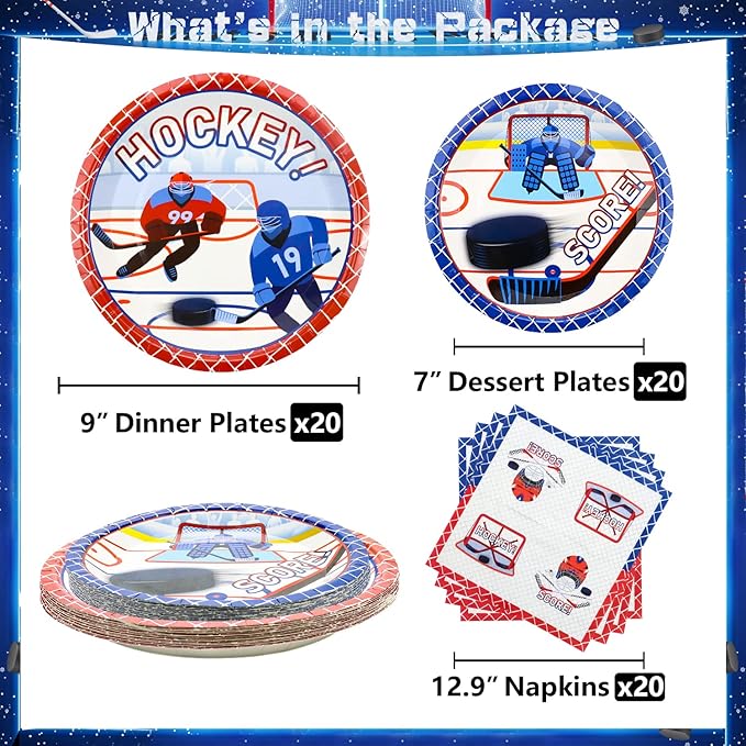 Hockey Theme Party Supplies - 61 Pcs Hockey Plates Napkins Tablecloth Set, for Kid's Hockey Fans Birthday Gameday - Serves 20