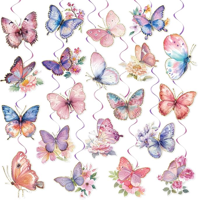 40Pcs Butterfly Hanging Swirl Decorations, Butterfly Hanging Ceiling Swirls, Spring Party Hanging Streamer for Butterfly Birthday Party Decor