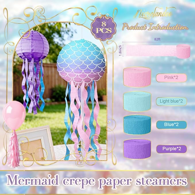 NICROLANDEE 8 Rolls Purple Pink Blue Crepe Paper Streamers 656ft for Girls Birthday, Baby Shower, Mermaid Theme Party Decorations, Princess Birthday Ocean Theme Party Decor for Girls