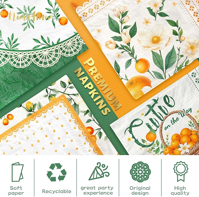 Little Cutie Baby Shower Party Supplies, 24 PCS Little Cutie Napkins Green Orange Fruit Theme Paper Napkins for Citrus Birthday Party Baby Shower Spring Summer Christmas Dinner Decoration
