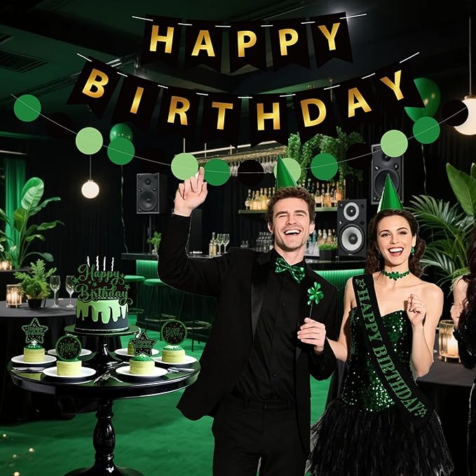 Black And Green Birthday Decorations for Men,Fringe Curtains Happy Birthday Banner,Red balloons,Cake Toppers for Boys