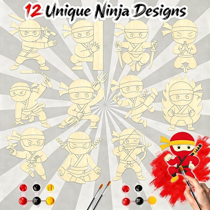 12 Pack Ninja Party Favors for Kids - Individually Wrapped Paint Your Own Wooden Magnet Craft Kits with Thank You Card, Stealthy Birthday Decorations for Boys & Girls