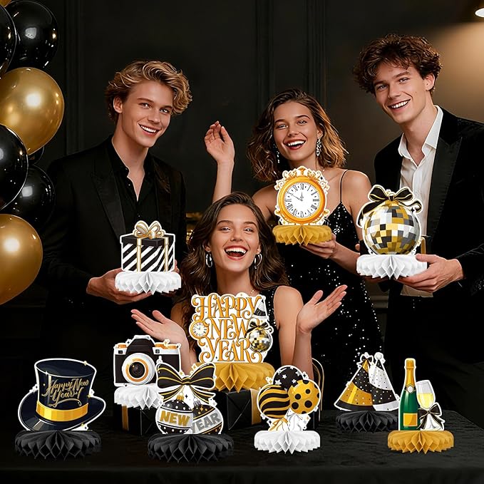 Happy New Year Party Decorations Bundle - Includes New Years Eve Honeycomb Centerpieces ，New Year Table Toppers, for Classroom Decor, New Year & Birthday Party Supplies