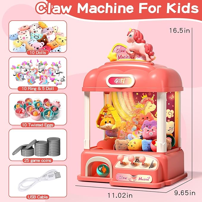 60 PCS Large Kids Claw Machine, Vending Claw Machine with Lights Sound, Candy and Prize Electronic Dispenser Game Toys for Kids, Claw Machine Toys for 3 4 5 6 7 8 Years Old Girls