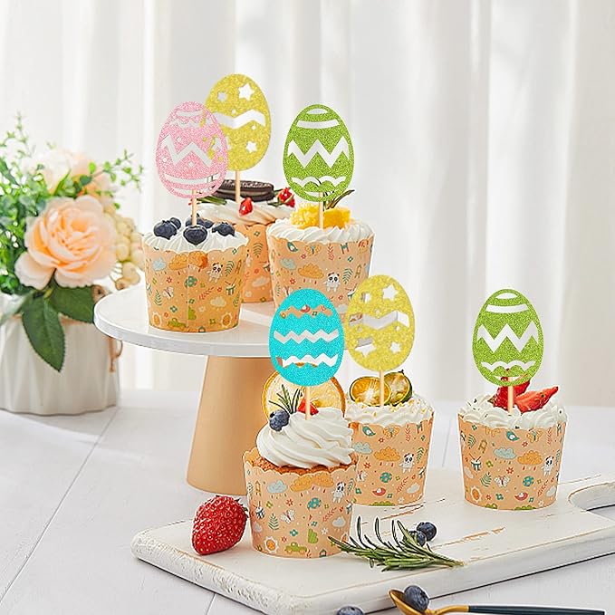 Ercadio 24Pcs Glitter Colorful Easter Eggs Cupcake Toppers Glitter Easter Eggs Cupcake Picks for Easter Egg Hunting Cupcake Toppers Easter Day Baby Shower Birthday Wedding Party Supplies