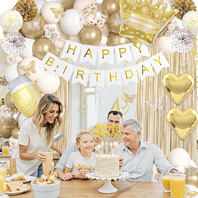 White and Golden Birthday Party Decorations Happy Birthday Banner Fringe Curtains Butterfly Gold White Sand Confetti Foil Balloons Happy Birthday