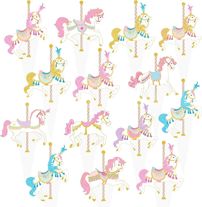 Carousel Horse Cupcake Toppers 48Pcs Carousel Horse Party Cake Decorations Carnival Carousel Horse Cupcake Picks Horse Birthday Party Supplies for Amusement Park Themed Baby Shower Decor