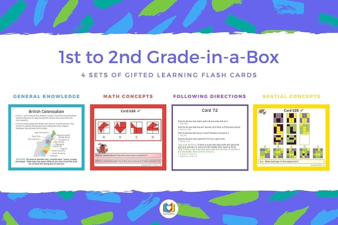 TestingMom.com Gifted Learning Flash Cards Bundle - Educational Flash Cards for 6-8 Years - Knowledge, Spatial Concepts, Following Directions and Math Flash Cards for Grade 1-2 CogAT, OLSAT, NNAT