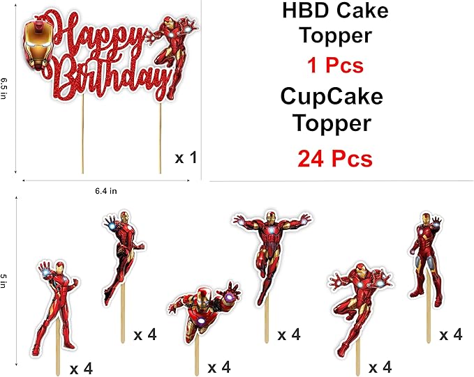 "Irn Man Theme Birthday Party Supplies – Superhero Party Decorations for Boys Girls – Includes Happy Birthday Banner, Cake Topper, Cupcake Picks, Garland, and Party Table Décor for Fans"
