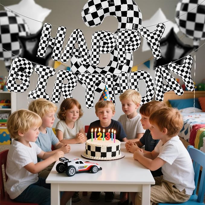 Racing Cars Themed Happy Birthday Banner Party Decorations Set Including 40 Inch Number 3 Foil Balloons, Themed Party Essentials, Checkered Backdrop Supplies for Boys Indoor Outdoor Celebration