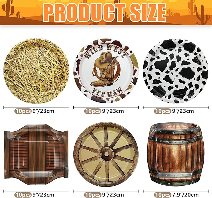 60 Pcs Western Cowboy Party Plates, 9'' Wild West Theme Print Plates for Cowboy Baby Shower Decorations Western Party Decorations