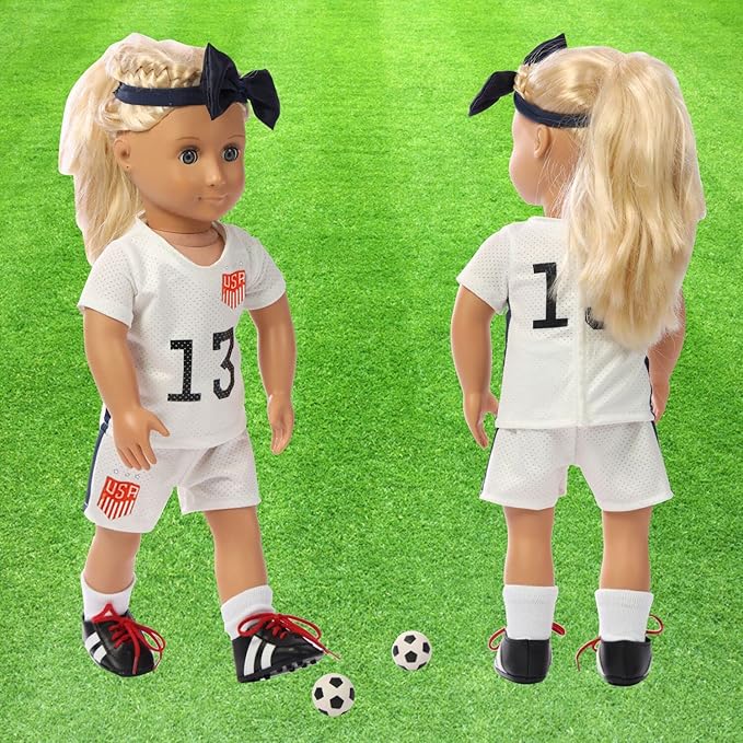 18 inch American Doll Clothing Accessories, USA Team Girls Soccer, Basketball, Tennis Clothing Sets, Doll Ball Sports Clothes, Dolls are not Included (Doll Soccer Clothes)