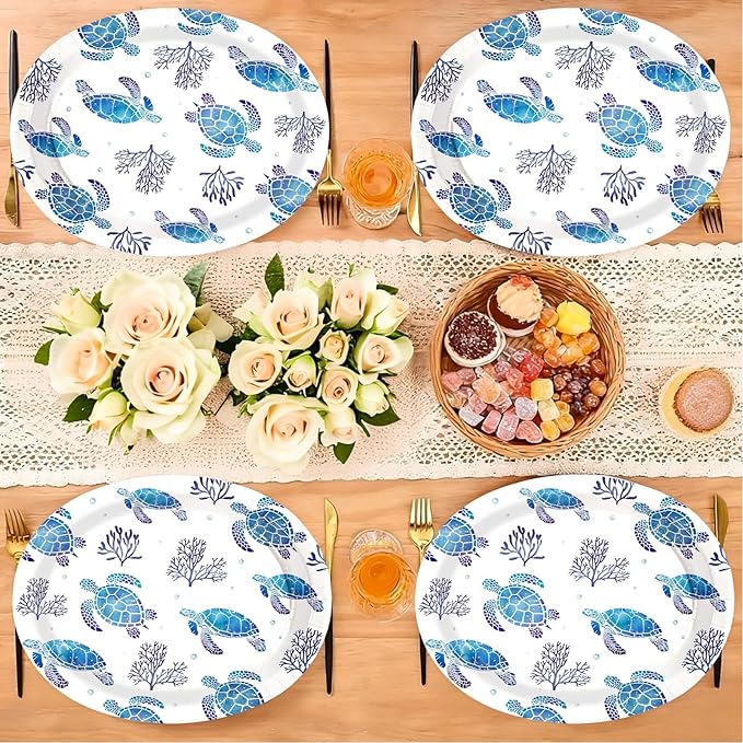 50 Pcs Sea Turtle Oval Paper Plates 10" x 12" Large Heavy Duty Disposable Blue Ocean Coastal Turtle Coral Dessert Plates Platters for Summer Beach Under the Sea Turtles Birthday Party Decorations ﻿