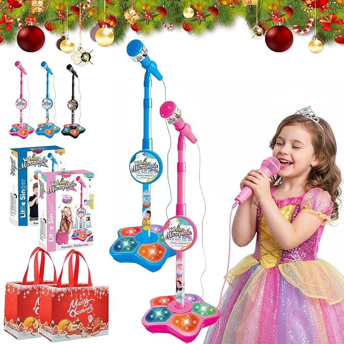 The All-in-One Microphone Toy, 2026 New Kids Karaoke Machine Toys with Adjustable Stand, Colorful Lights, and Echo Effect, for Boys and Girls Christmas Birthday (2PCS B)