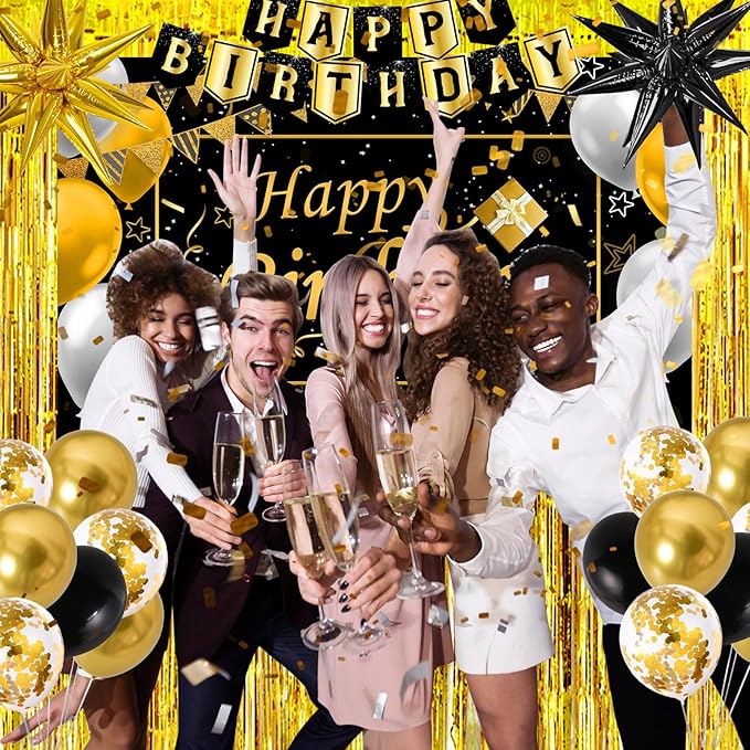 Black and Gold Birthday Decorations for Men Women, Black Gold Party Decorations Kit with Happy Birthday Banner Backdrop Tablecloth Foil Curtains Balloons Arch, Happy Bday Party Supplies for Him