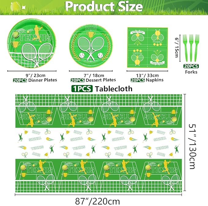 Disposable Tennis Party Supplies for 20 Guests - Set Includes Plates, Napkins, Forks, Tablecloth for Men, Women, Kids - Sports Themed Birthday Party Decor