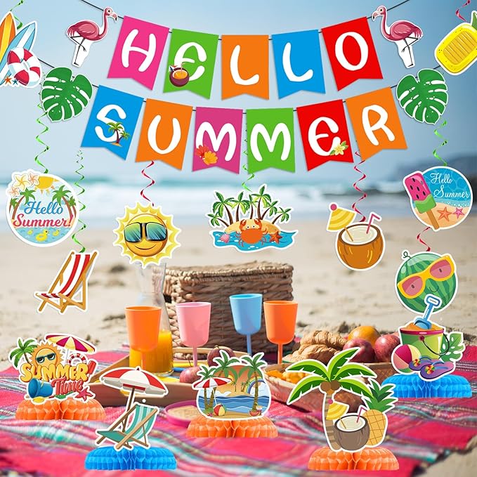 Summer Party Decorations, Hello Summer Banner Hanging Swirls and Honeycomb Centerpieces Beach Pool Party Decorations, Summer Pool Holiday Birthday Party Supplies