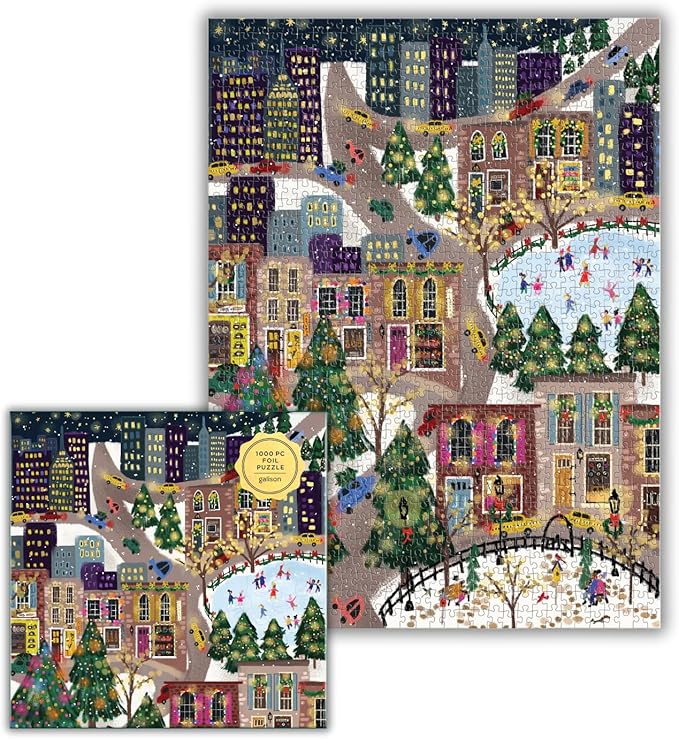 Galison Sparkling City – 1000 Piece Foil Puzzle with Illustrations of Colorful Merriments in The City with Gold Foil Accents
