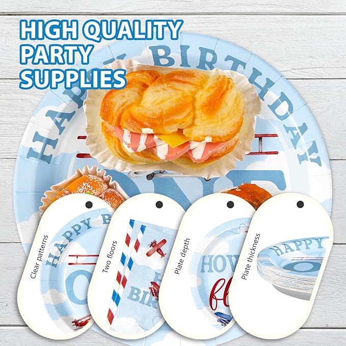 96Pcs Airplane 1st Birthday Decorations for Boys Red & Blue Airplane First Birthday Plates and Napkins Sets How Time Flies Party Decorations for Girls Baby Shower One Years Old Supplies Serve 24