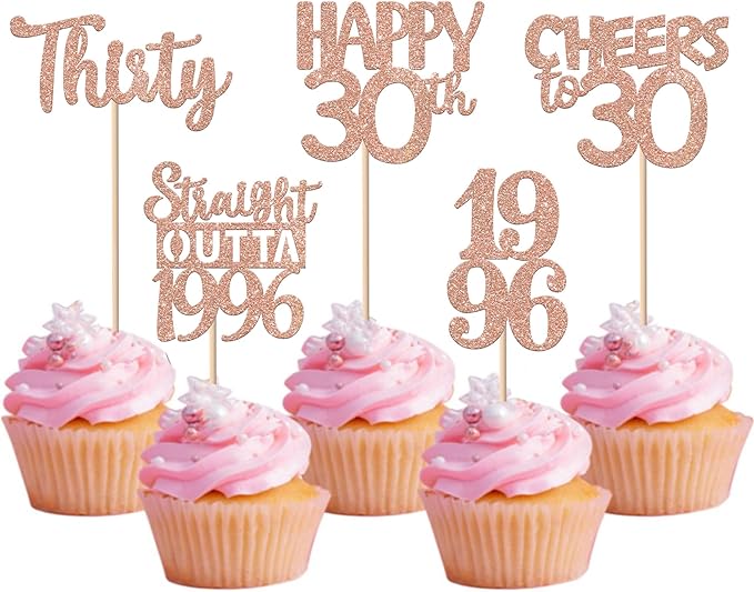 30PCS 30th Birthday Cupcake Toppers Glitter Thirty Happy 30 Straight Outta 1996 Cupcake Picks for Cheers to 30 Years 30th Birthday Wedding Anniversary Party Decoration Supplies Rose Gold