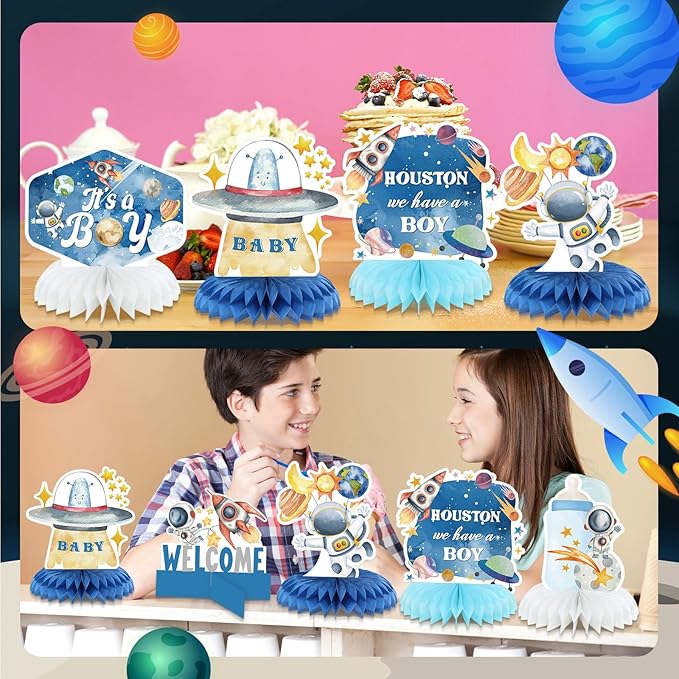 12 Pcs Outer Space Baby Boy Shower Decorations Welcome It's a Boy Baby Shower Honeycomb Centerpieces Blue Astronaut Rocket Bottle Planet Table Topper Table Decoration for Birthday Party Favors
