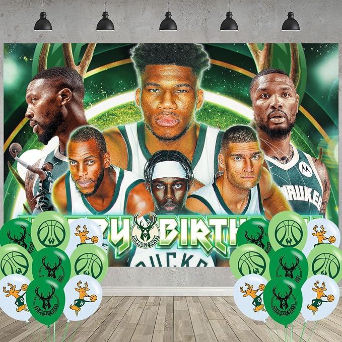 Milwaukee Basketball Birthday Party Decoration,Bucks Party Photo Background 5 x 3 FT and 18 Pcs Balloon,Merch Party Backdrop Supplies