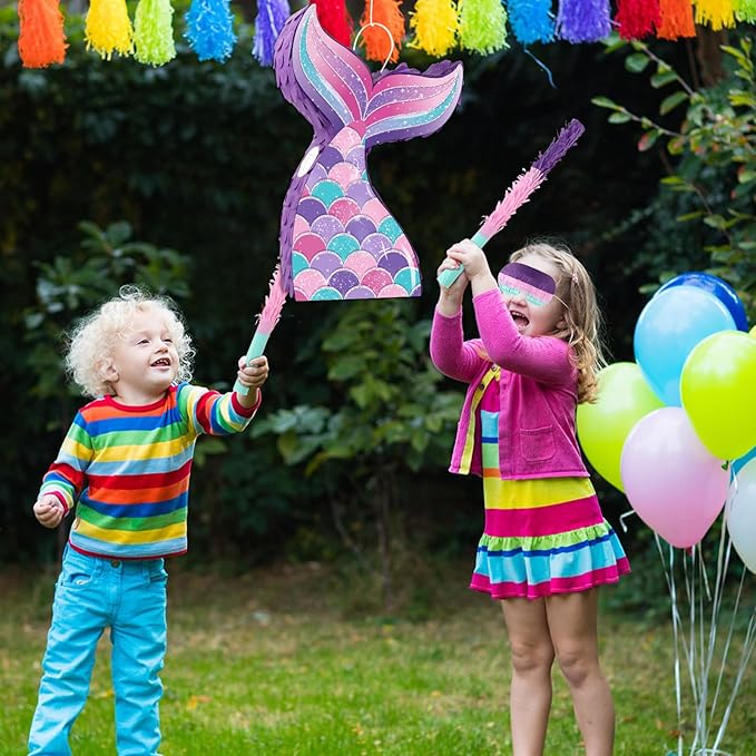 Mermaid Tail Pinata Glitter with Stick Blindfold Mermaid Birthday Party Decoration Mermaid Pinata Game for Girls Kids Carnival Under the Sea Ocean Theme Party Supplies (15.3"x10")