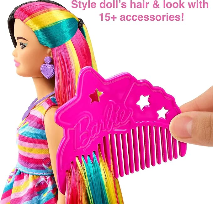 Barbie Totally Hair Doll, Heart-Themed with 8.5-inch Fantasy Hair & 15 Styling Accessories (8 with Color-Change Feature)