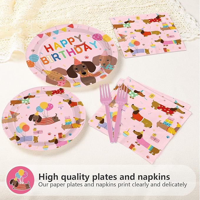 96Pcs Dachshund Dog Birthday Party Decoration Pink Wiener Dog Puppy Plates and Napkins Cartoon Puppy Pet Themed Disposable Paper Tableware Set for Kids Birthday Party Supplies Serves 24