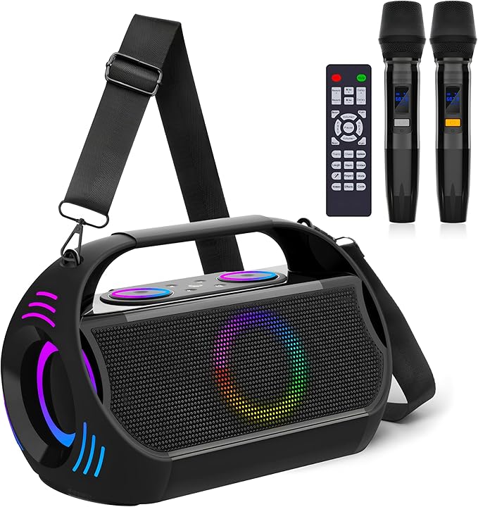 Rechargeable Karaoke Party Speaker(100W) with 2 Wireless Microphones for Adults and Kids,18000mAh,LED Light Show,HD Sound,Deep Bass,Support Recording/Bluetooth/AUX/USB/TF Play for Home,Tv,Beach,Travel
