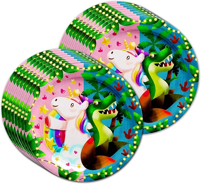 Unicorns & Dinos Joint Birthday Party Supplies Set Plates Napkins Cups Tableware Kit for 16