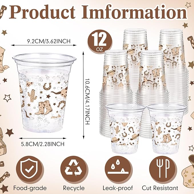 100 Pcs Western Plastic Cups 12 oz Clear Disposable Plastic Cowboy Cowgirl Drinking Cups Bulk for Boho Preppy Baby Shower Birthday Wild West Party Decoration Supplies(Western Cowboy,Brown)