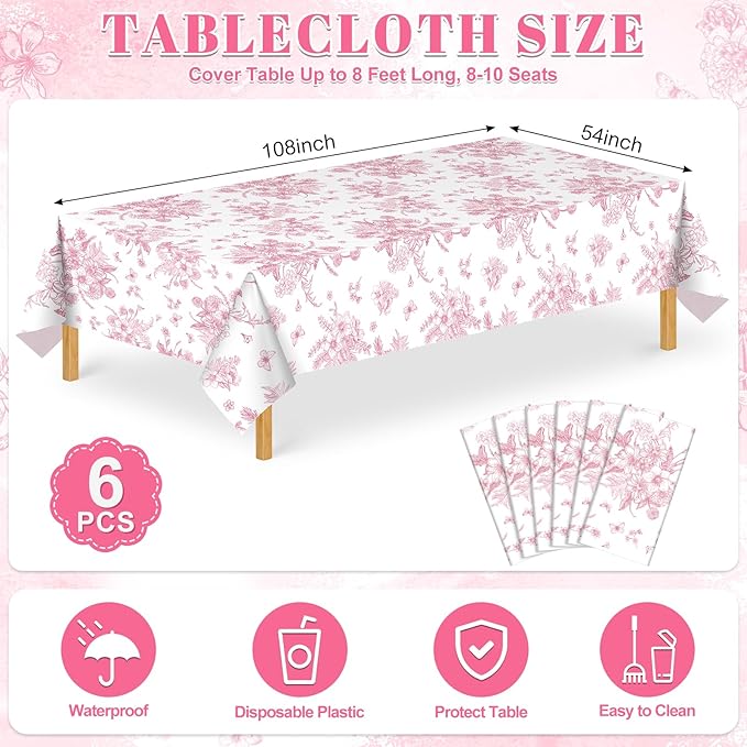 6 Pack Pink Floral Plastic Tablecloths, 54 X 108Inch Tea Party Tablecloth Disposable Vintage Table Cloth Pink and White Porcelain Tables Decor for Easter Mother's Day Birthday Garden Wedding Tea Party