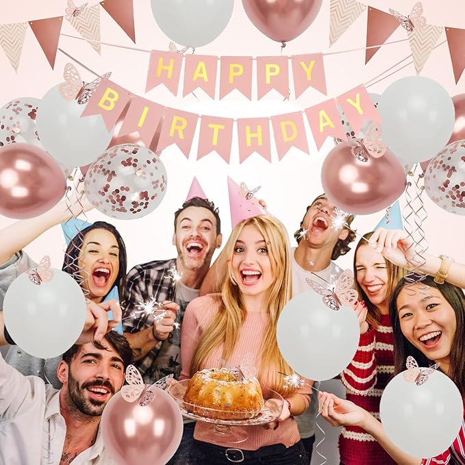 Rose Gold Birthday Decoration, 18 pcs 12 inch Happy Birthday Banner with Butterfly Stickers and Balloons for Girl and Women Happy Birthday Decorations